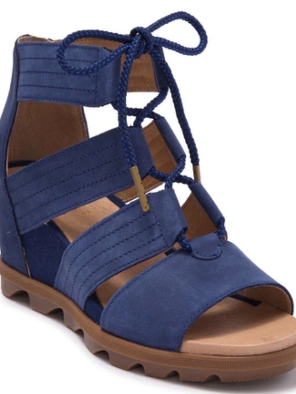 Sorel Joanie II Lace Black / Sea Salt Leather Wedged Sandals Size 8 MSRP $150
